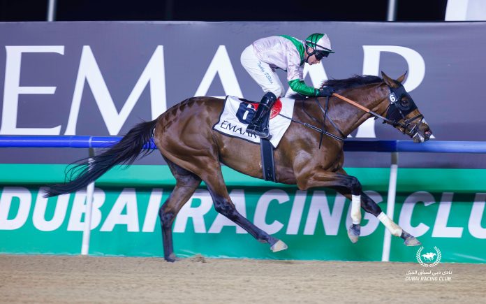 GIKy8k-WQAAD7Gl Guns And Glory staked a claim for a spot in the G2 UAE Derby on Dubai World Cup day with an emphatic win on the final night of the Dubai Racing Carnival.