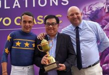 The same winning trio hogs the limelight again after Lim's Bighorn's victory: (from left) jockey Marc Lerner, owner Mr Lim Siah Mong and trainer Daniel Meagher.