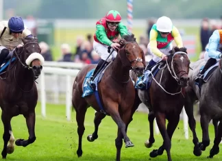 Mill Stream (white hat) won in a close finish at York (Mie Egerton/PA)