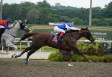 Ejaz (Manoel Nunes) overtakes Illustrious (Ryan Curatolo) to win the Class 3 race.