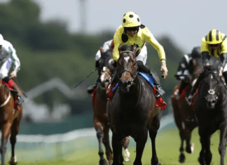 Inisherin (centre) winning the Sandy Lane Stakes at Haydock (Nigel French/PA)